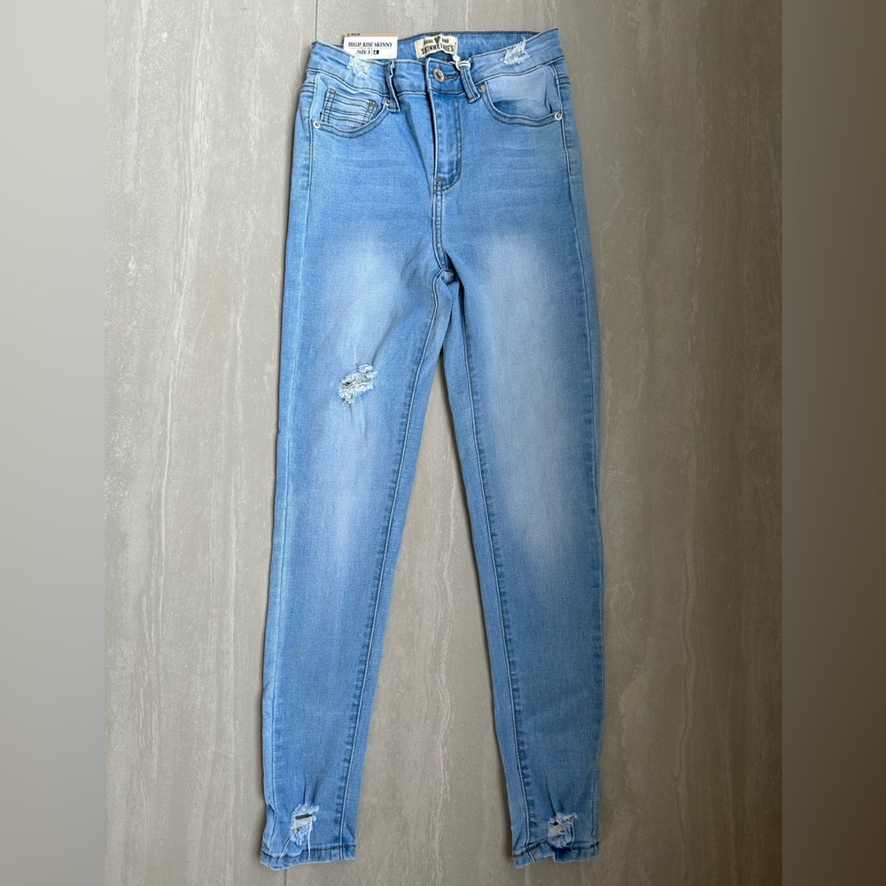 Vintage Sky Blue Distressed Women's Skinny Jeans 70% Cotton